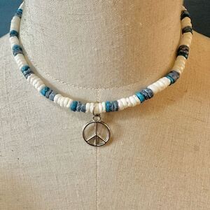Blue and white shell peace pendant necklace